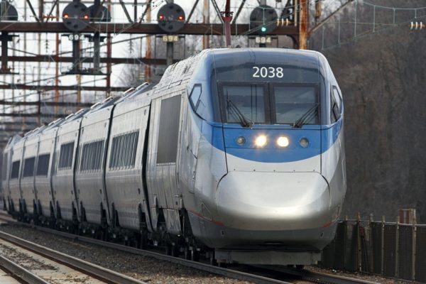 Acela Express train with power car #2038 in the lead.