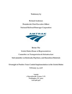 thumbnail of Testimony by Amtrak President and CEO Richard Anderson on Oversight of Positive Train Control Implementation in the United States