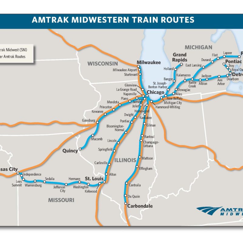 Map of the routes of the Amtrak Midwest(SM) states: Illinois, Michigan, Missouri and Wisconsin.