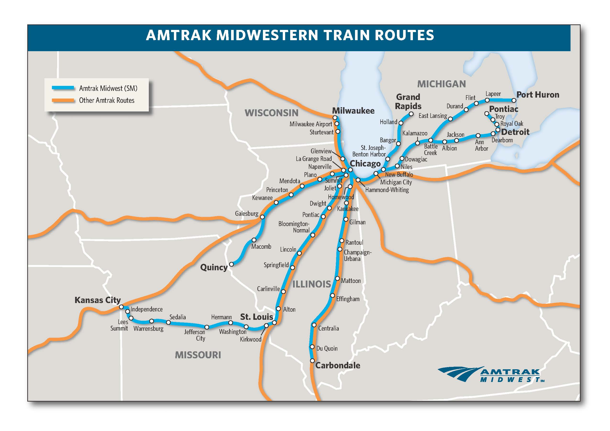 Map of the routes of the Amtrak Midwest(SM) states: Illinois, Michigan, Missouri and Wisconsin.