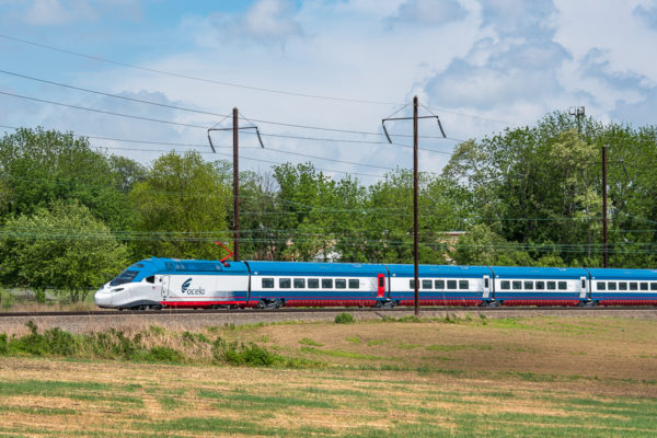 2nd test run of Pre-production Acela II on the PH Line at Kinzers. Amtrak has full rights to this image.. Amtrak has full rights to this image.
New Acela 21 in Testing