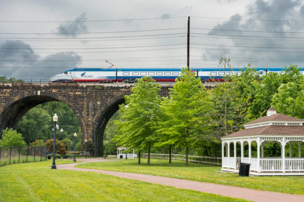 2nd test run of Pre-production Acela II on the PH Line on High Bridge, a 1904 stone arch bridge at Coatesville, PA. Amtrak has full rights to this image.
New Acela 21 in Testing