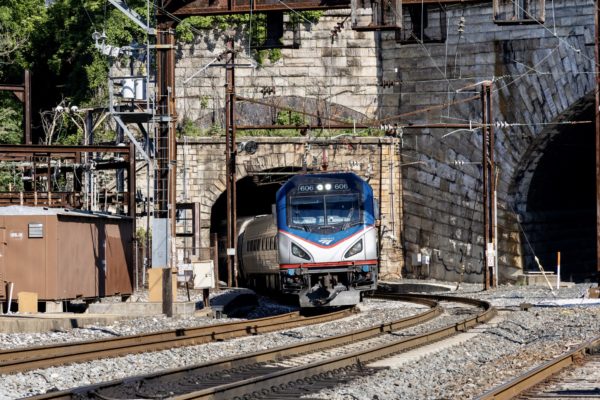 An Amtrak Northeast Regional train passes through the Baltimore and Potomac Tunnel during the celebratory 150th anniversary event on June 18, 2021.