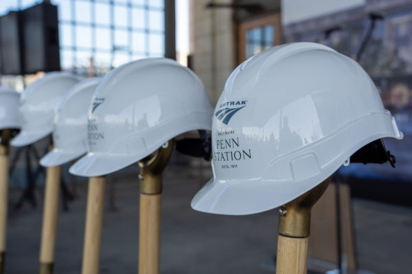 Hardhats on display before the ceremony.