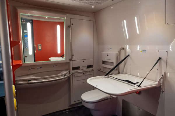Amtrak and Alstom designed the restrooms with accessibility in mind featuring spacious restrooms with a 60-in diameter turning radius, a changing table, touchless features, and an automatic door for easy access.