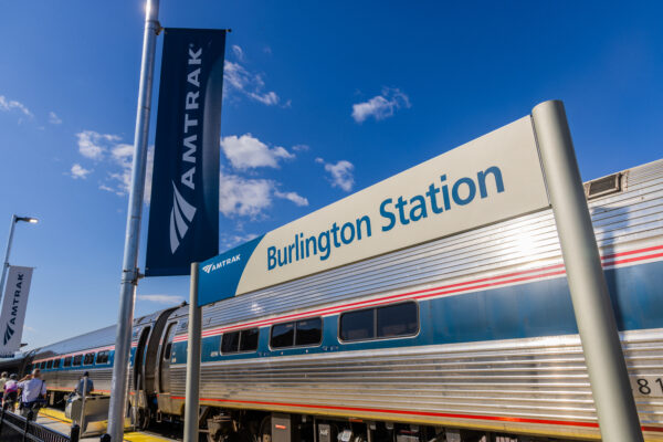 2022-07-29 Burlington, VT - Ethan Allen Express Inaugural - Station Sign - Marc Glucksman/River Rail Photo