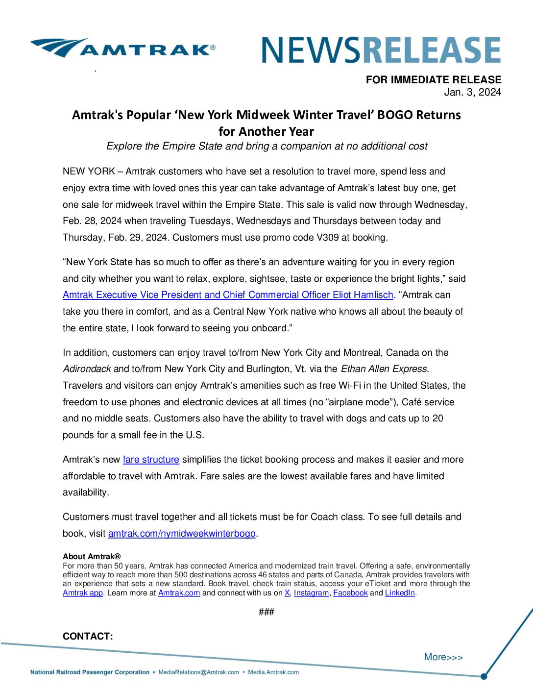 Amtrak s Popular New York Midweek Winter Travel BOGO Returns For