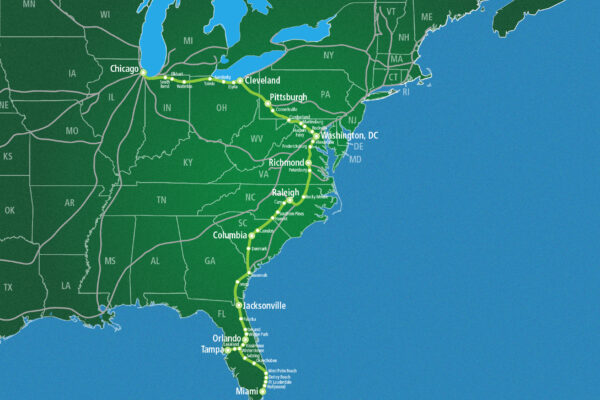 Map showing route between Chicago and Miami.