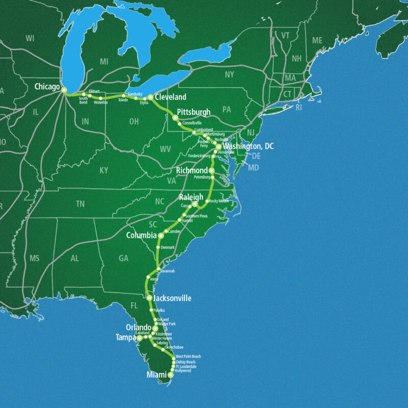 Map showing route between Chicago and Miami.