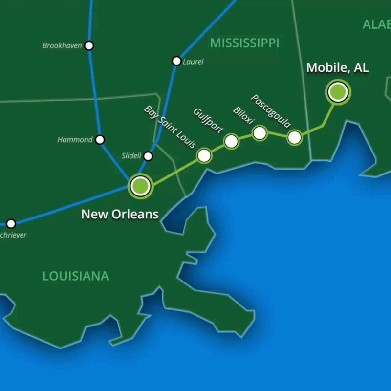 Animated New Orleans - Mobile Map also showing other routes