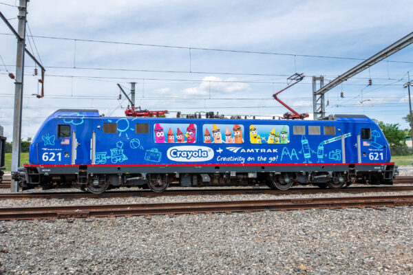 Amtrak Partners with Crayola to promote creativity on the go, including wrapping two ACS-64 Sprinter locomotives. Amtrak #620 "Dan D." celebrates the return of the color dandelion from retirement, and #621 features Crayola's colorful Tip characters with artistic doodles inspiring creativity. Photo by Matt Donnelly, Amtrak.