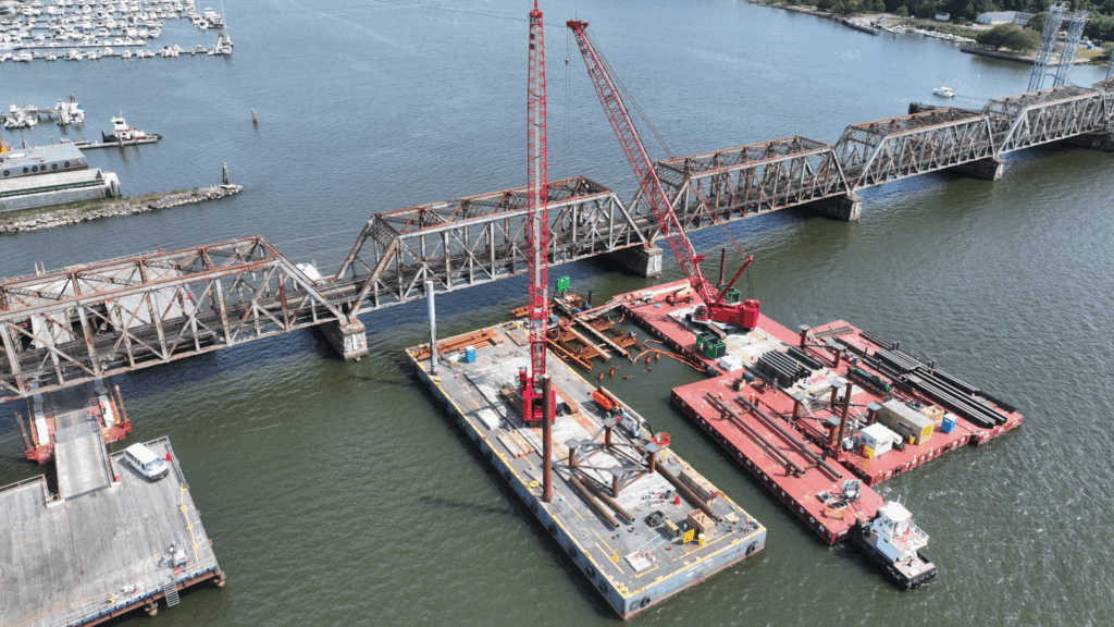 Aerial drone view of two cranes for the Connecticut River Bridge project