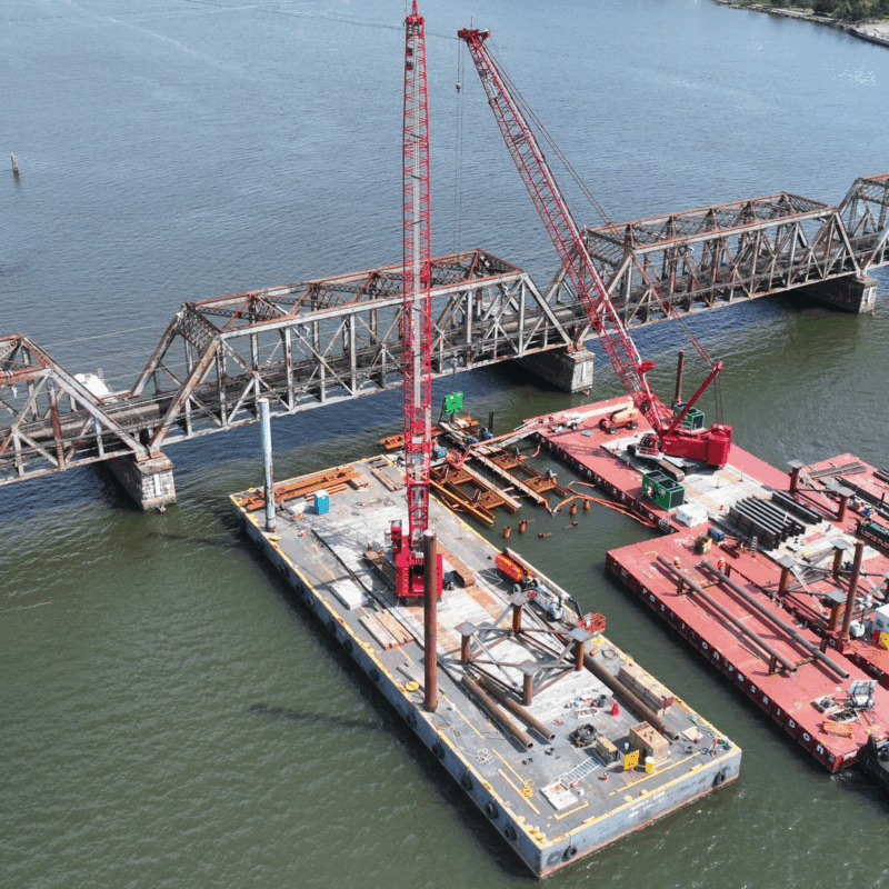 Aerial drone view of two cranes for the Connecticut River Bridge project