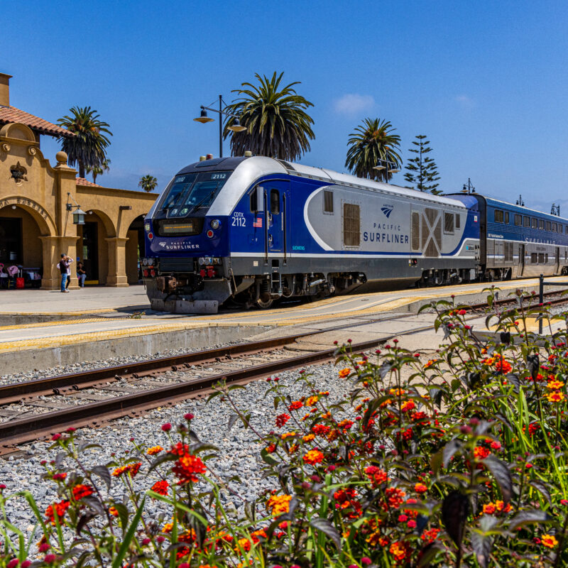 An Amtrak Pacific Surfliner passenger train pulls into Santa Barbara station, framed by palm trees, a historic Spanish-style station building, and vibrant flowers alongside the tracks.