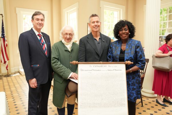 L to R: Amtrak Board Member Joel Szabat, Benjamin Franklin, Transportation Secretary Sean P. Duffy, Philadelphia Mayor Cherelle Parker
