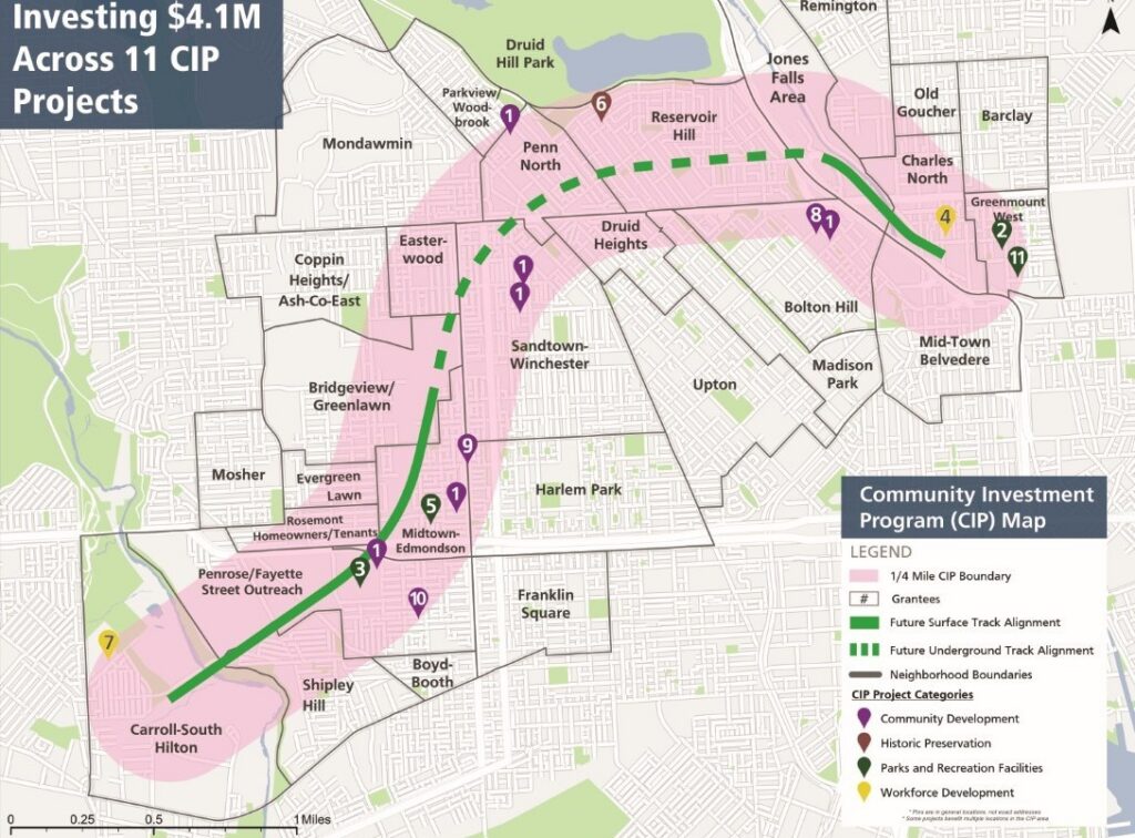 This graphic shows the B&P Tunnel alignments with first year Community Investment Program awardees as pins.